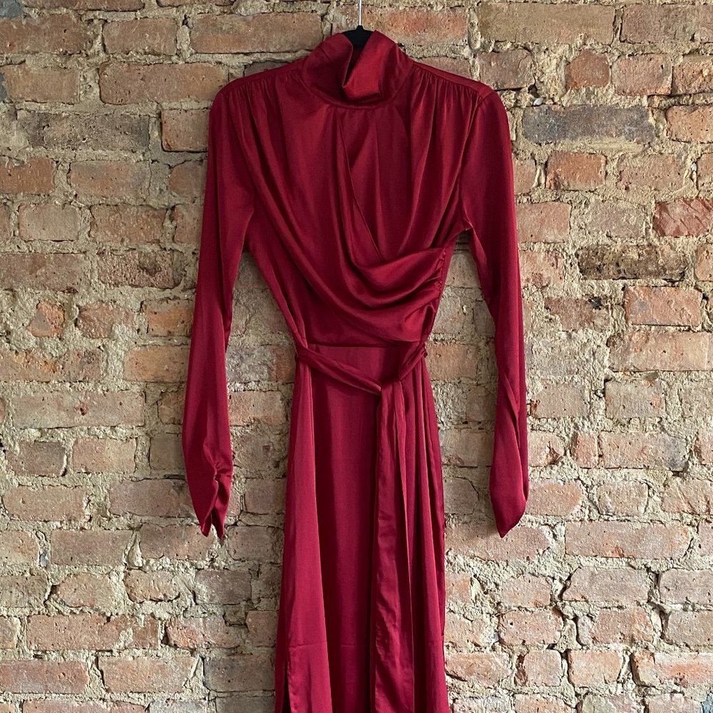 Silky Red High Neck Midi Dress